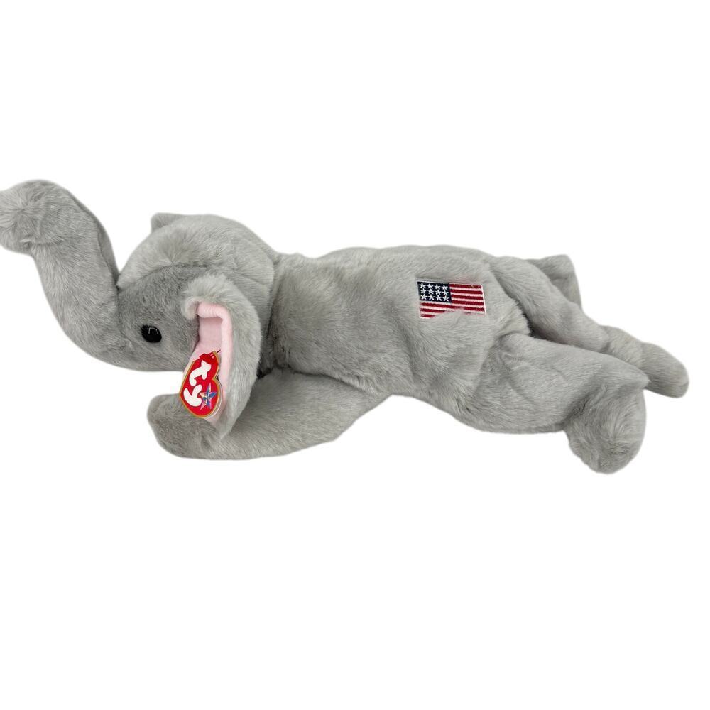 Ty‎ Beanie Buddies Righty Gray Elephant Plush American Flag Vintage 2000 14 Inch